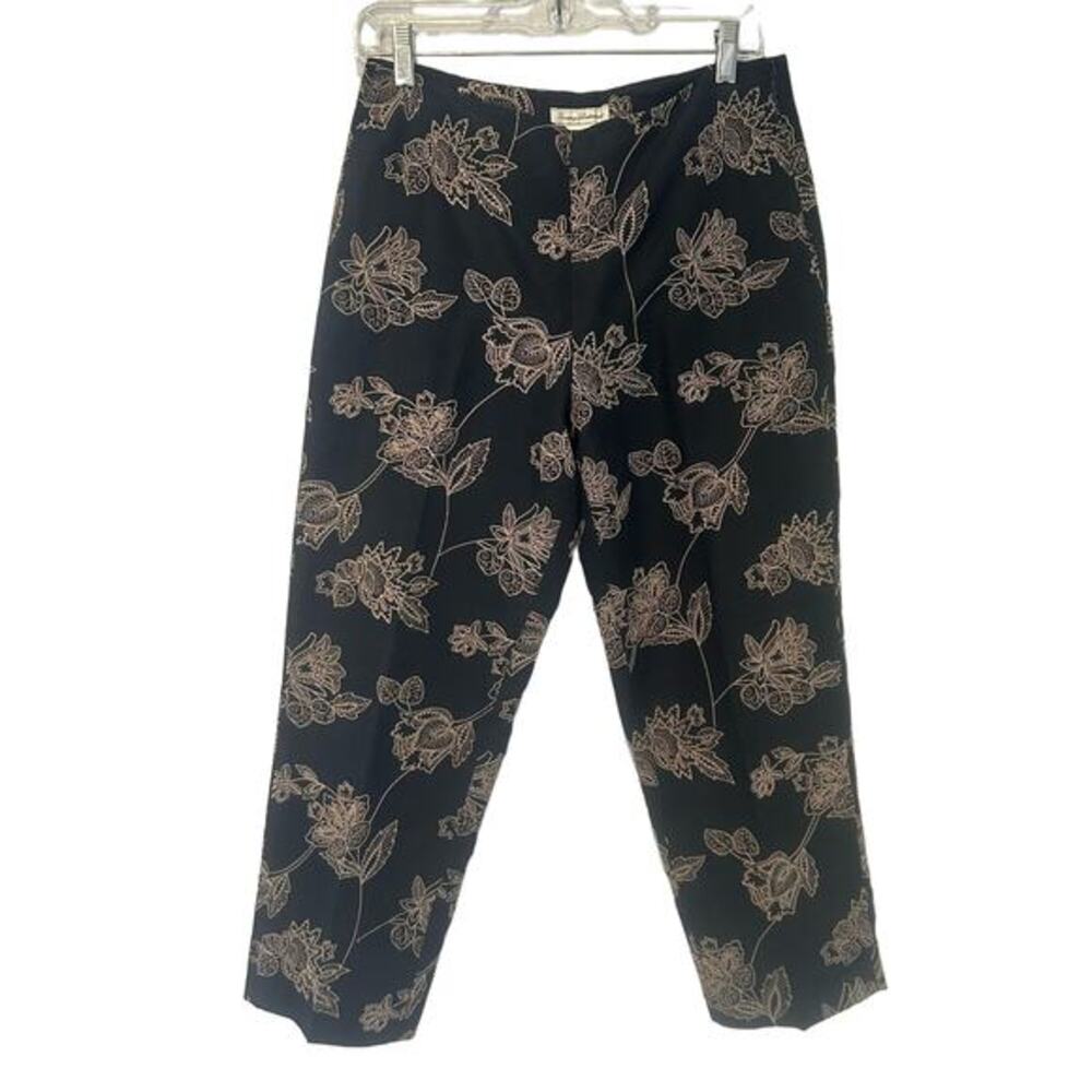 Tommy Bahama Womens Black 100% Silk Floral Embroidered Ankle Pant‎ Side Zip Sz 6